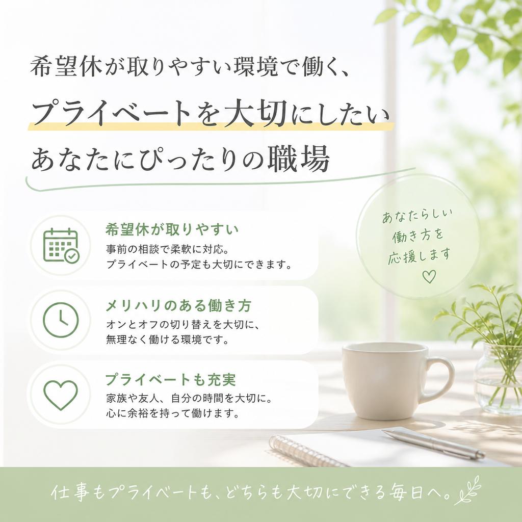希望休が取りやすい環境で働く、プライベートを大切にしたいあなたにぴったりの職場