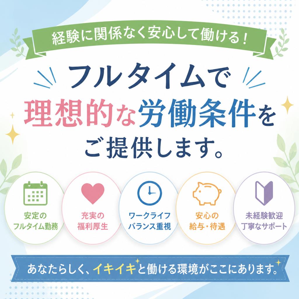 経験に関係なく安心して働ける！フルタイムで理想的な労働条件をご提供します。