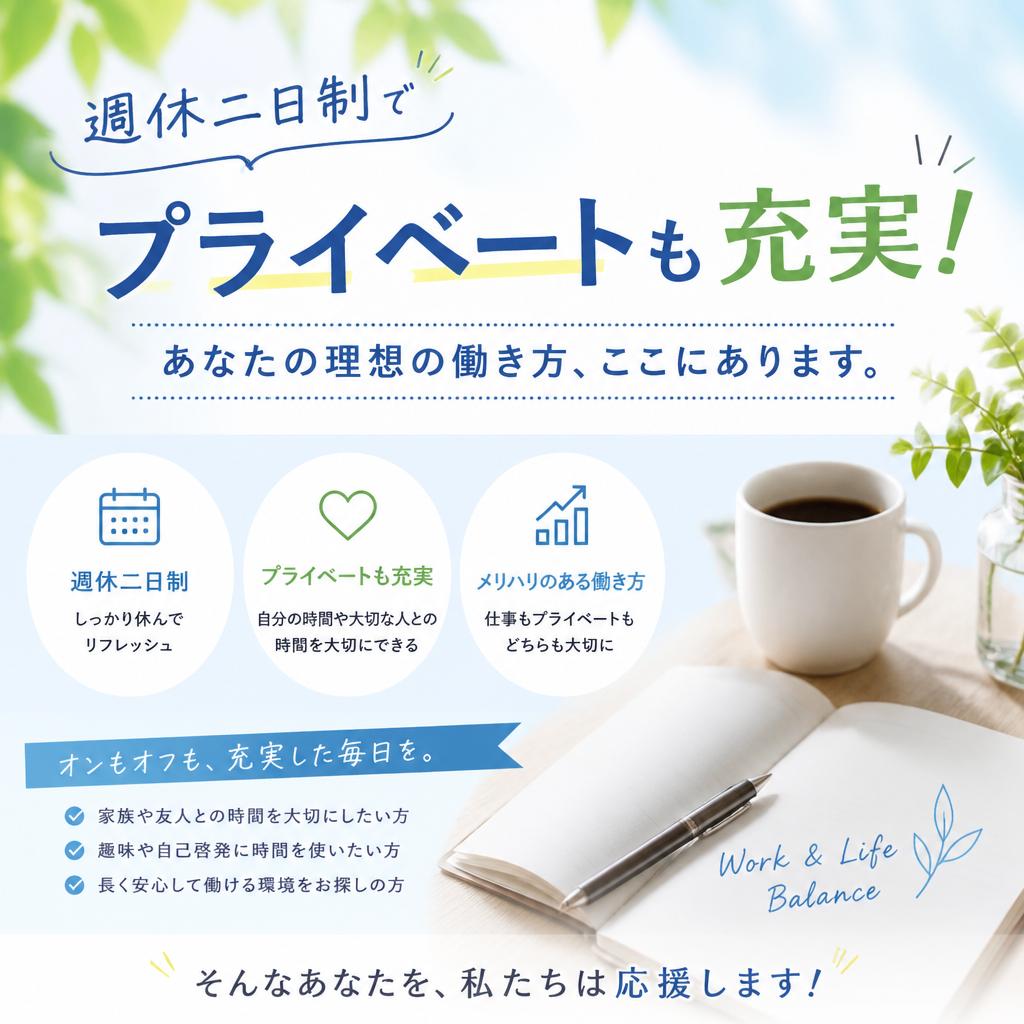 週休二日制でプライベートも充実！あなたの理想の働き方、ここにあります。